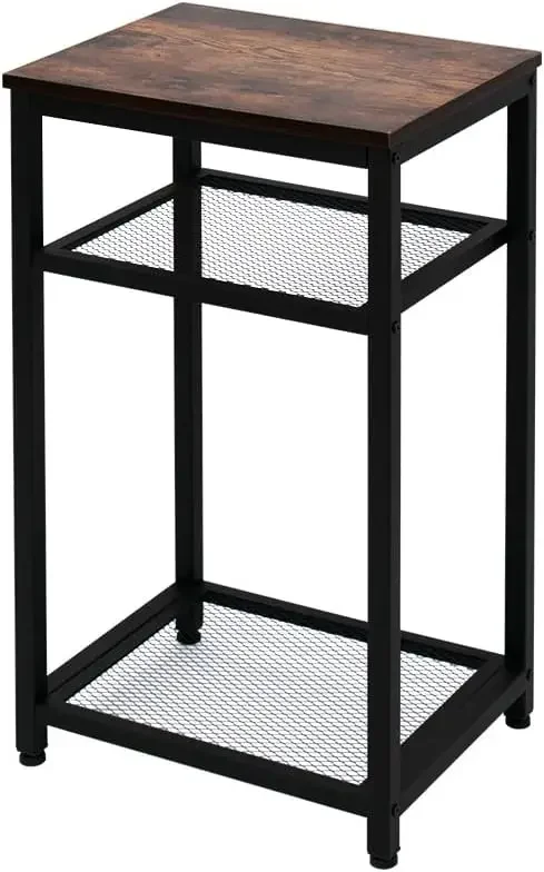 

Industrial Side End Telephone Table with 2-Tier Mesh Shelves for Office Hallway or Living Room Wood Look Accent Furniture