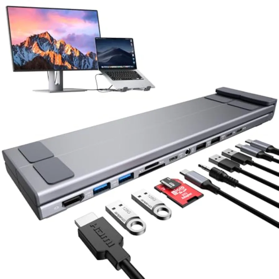 

Док-станция для ноутбука с USB-C хабом 11-в-1, 4K@60Hz HDMI, PD 100W, 2 USB 3.0, 2 USB 2.0, кардридер SD/TF, аудиоразъем, универсальная