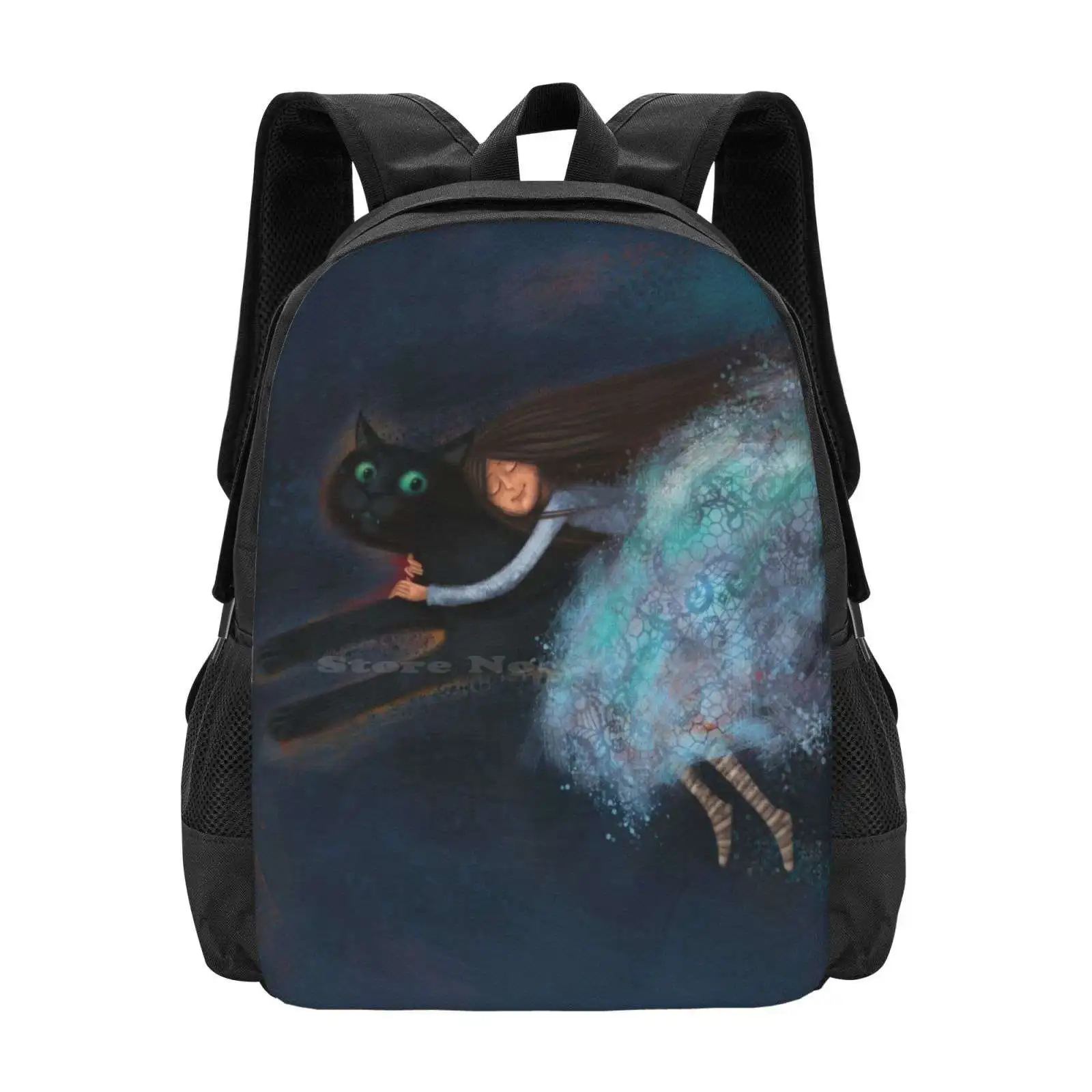 Flying On My Cat Backpack For Student School Laptop Travel Bag Princess Beauty Black Cat Cool Cats Delightful Girl Delightful