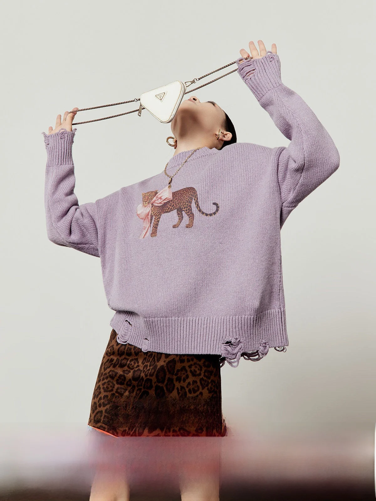 

Silky Purple Leopard Sweater Women's Casual Knitted Hole Winter New Sle Loose Fit Long Sve Top by Zhou Li Wu