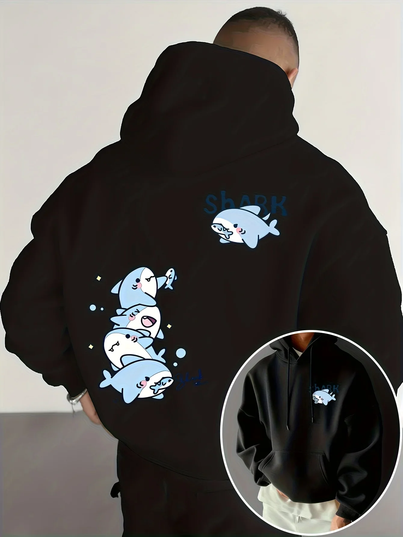 Men's Kawaii Print Hoodie Sweatshirt Cute Stacked Shark Cartoon Graphic Oversized Loose Soft Casual Pullover Hoodie Autumn