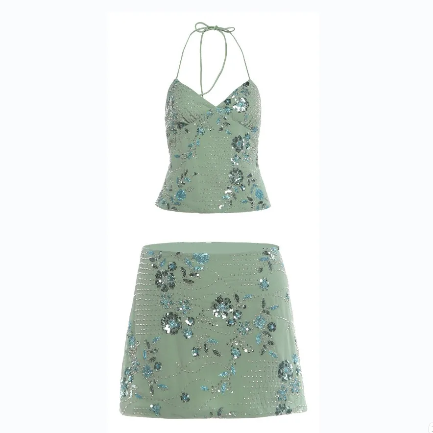 summer new comfortable casual and fashionable sling floral vacation style top and skirt set