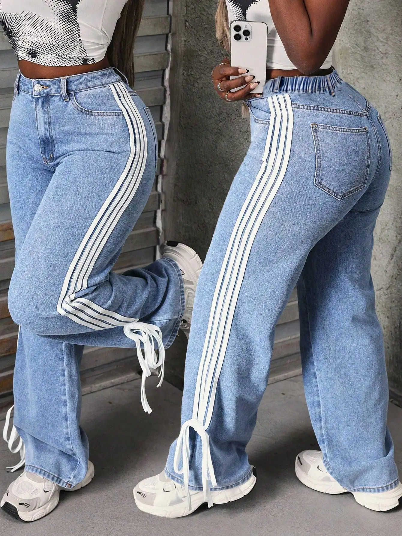 

Женские широкие джинсовые брюки с контрастными полосками по бокам и регулируемыми завязками