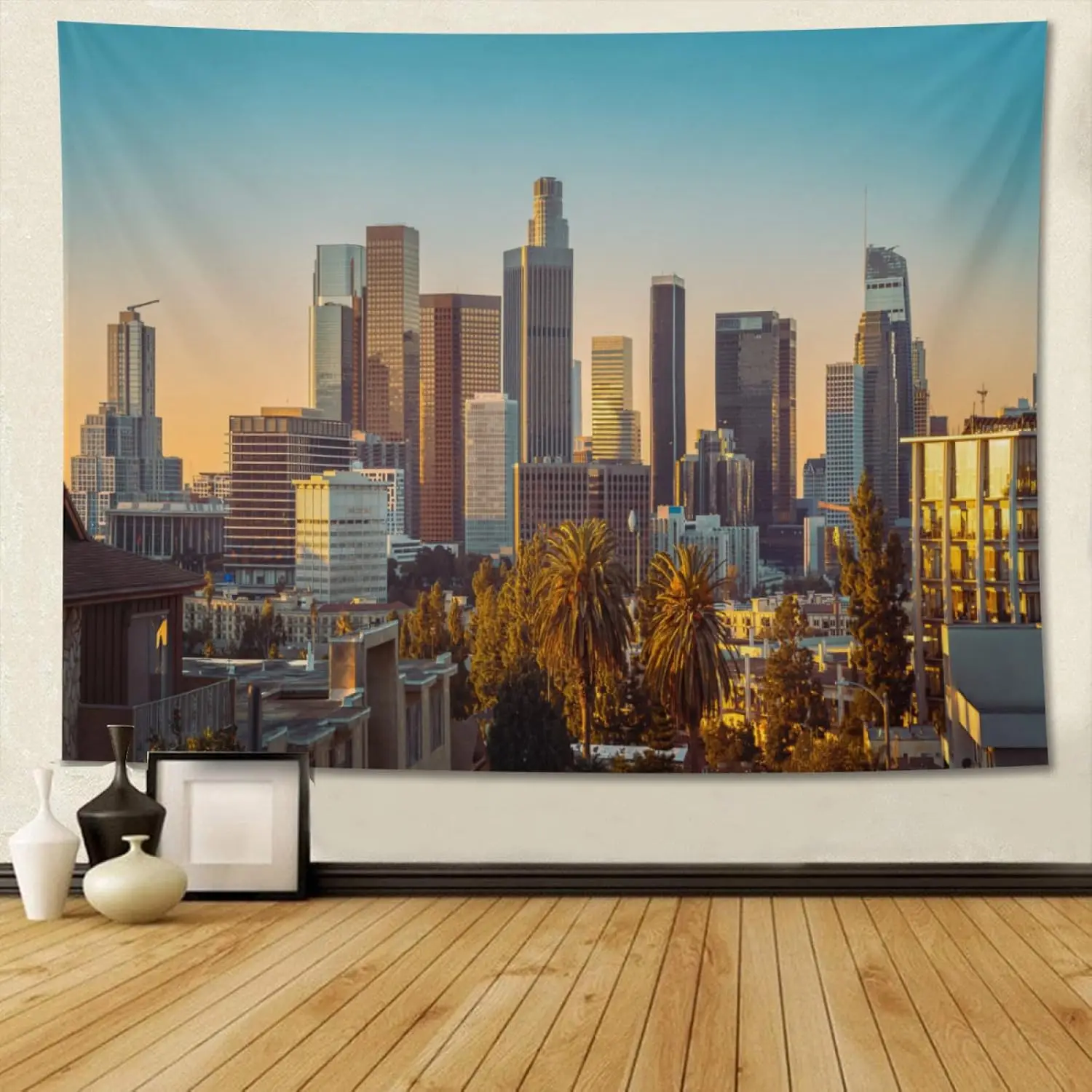 Large City Skyline Tapestry Boho Wall Hanging with String Lights for Modern Home Decor Living Room Aesthetic Backdrop