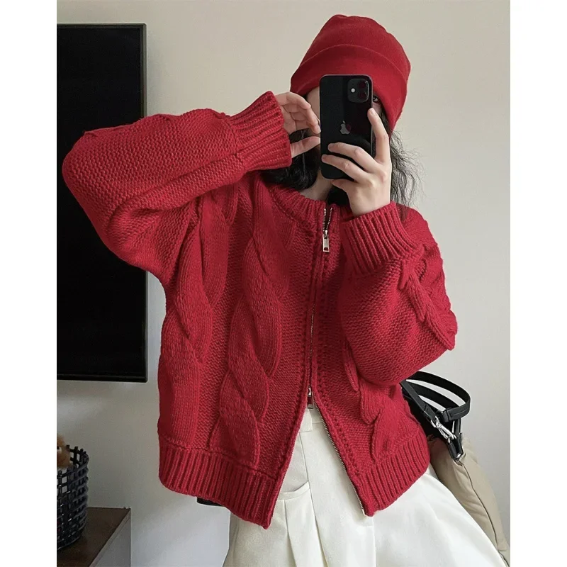 Early Spring Wool Blend Knitted Cardigans Women Jackets Sweaters Loose Casual Zipper Korean Lazy Style Red Cable Stand Collar