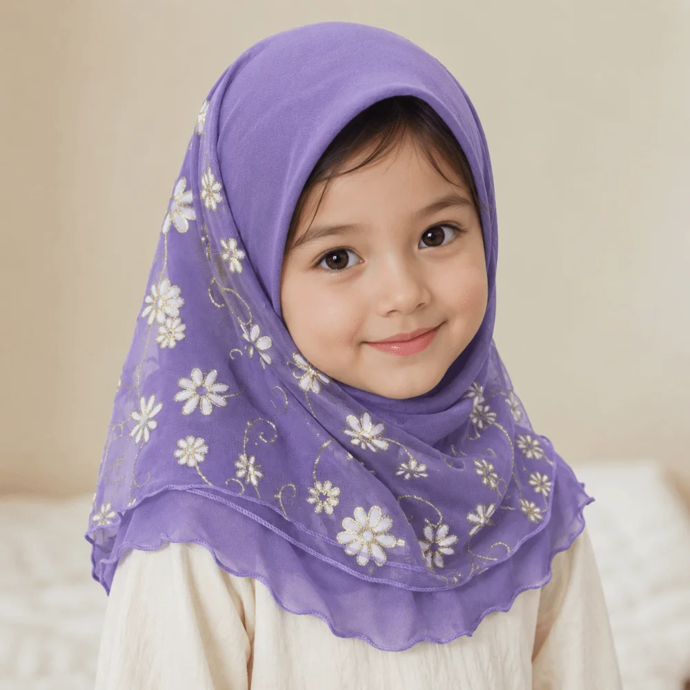 Beautiful Flower Net Small Girl Hijab Pull On Elastic Solid Instant Headscarf Cotton Mesh Islamic Scarf Shawl 2-6 Years Old