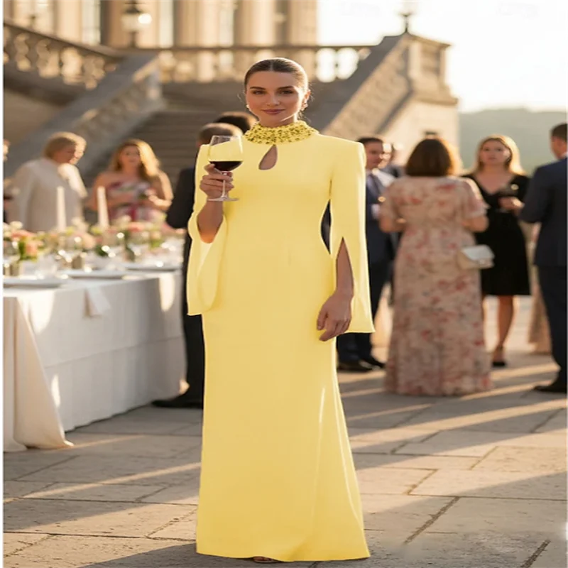 Robe de soirée fourreau/colonne, longueur au sol, avec Cape, robe formelle élégante, Style célébrité, manches longues, col haut, jardin