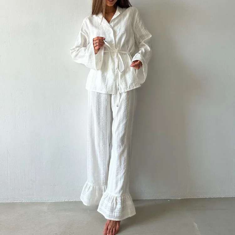 

Casual irt And Pants Set with Button Collar Long Sve Long Pants Gored Hem Tie Waist Faionable Women's Two-Piece Set