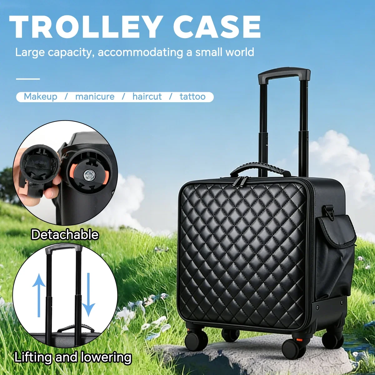 

Travel Makeup Bag with Wheels, Waterproof Cosmetic Organizer Case, Large Capacity & Brush Holder, Portable Isolation Bag