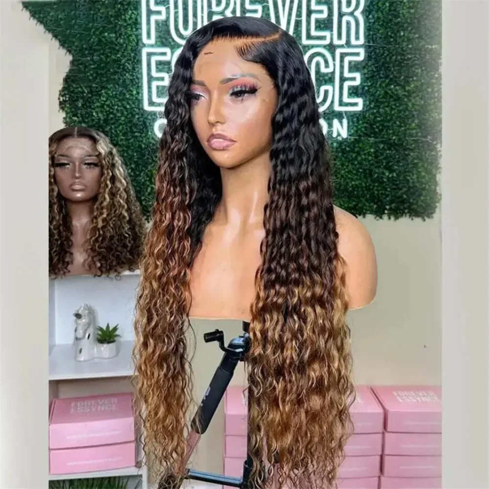 

26 "Омбре Коричневый Длинный Мягкий Кудрявый Вьющийся 180 Плотность Парик Фронта Шнурка Для Чернокожих Женщин Детские Волосы Бесклеевые Предварительно Сорванные Термостойкие Ежедневно