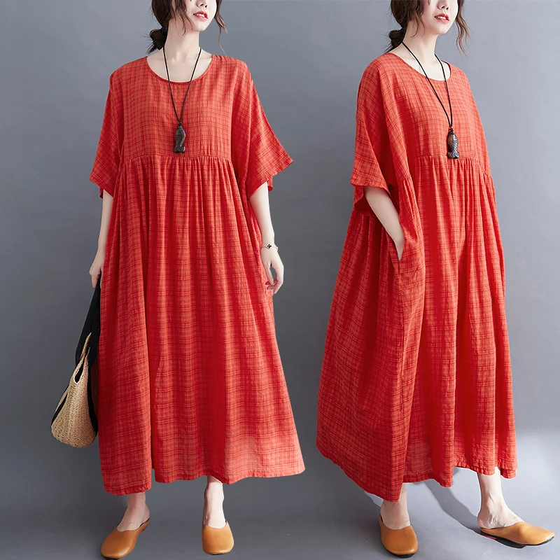 Artistic Large Size Women's Summer Loose Plaid Short Sleeve Dress Draping Elegant Swing Style Cotton Checkered Midi Dress