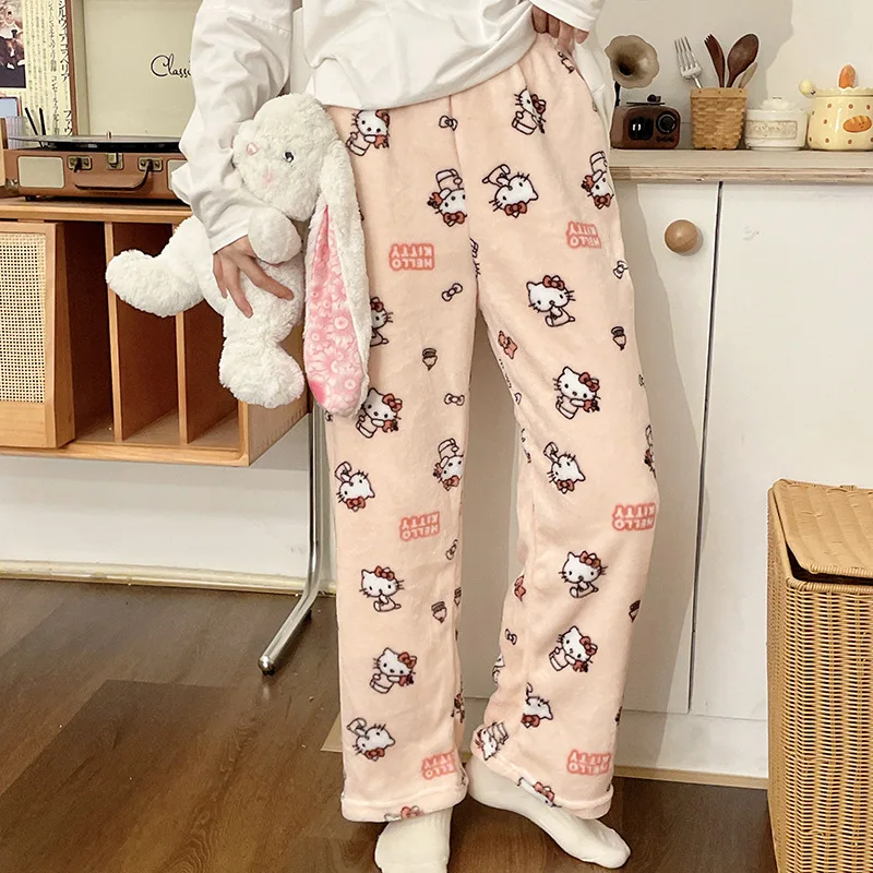 New Hello Kittys Women's Autumn Winter Flannel Pants Loose Versatile Lazy Casual Suitable for Outdoor Wear Cute Comfortable Gift