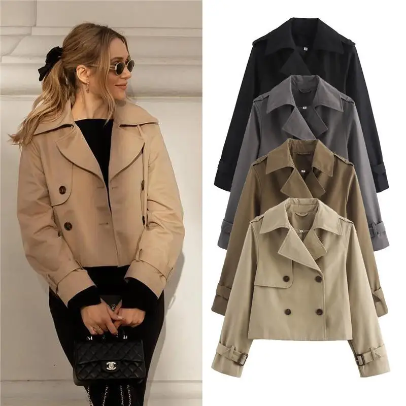 

Spring Autumn ort Double-Breasted Stand Collar Windbreaker Jaet Women's Faion A4075 Long Sve Color PU Material