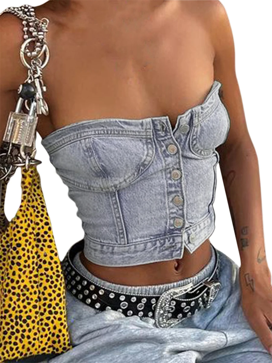 Women y2k Denim Corset Crop Top Vest Aesthetic Backless Off Shoulder Strapless Tube Top Sexy Button Up Jeans Tank Top Streetwear