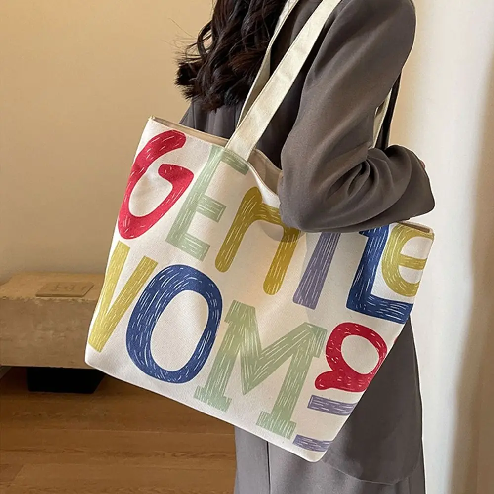 Fashion Canvas Shoulder Bag Casual Gentlewoman Tote Bag Cartoon Pattern Underarm Bag Large Capacity Handbag Shopping Bag