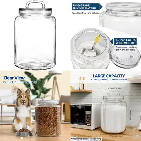 Large Wide Mouth Glass Jar with Lid - 3 Gallon Capacity for Food Storage, Ideal for Cookies, Sugar, Flour, and More