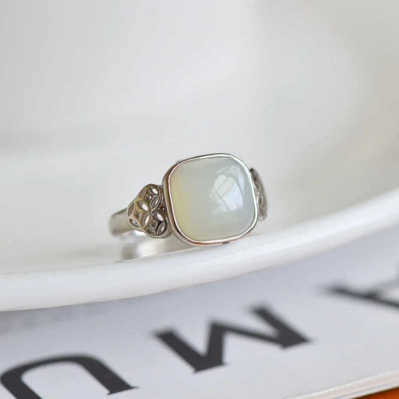 

S925 Inlaid New Hetian White Jade Square Plain Silver Antique Copper Coin Open Adjustable Ring