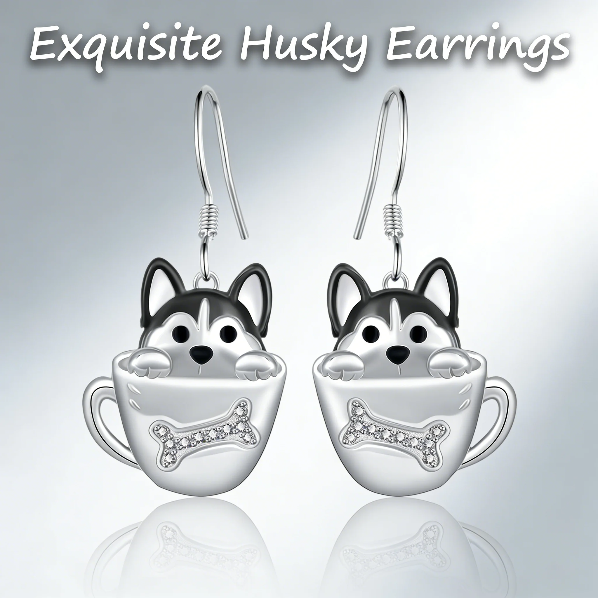 Silvery Zinc Alloy Cute Teacup Husky Earrings Clear Faux Rhinestone Husky Lover Gift for Women Girls