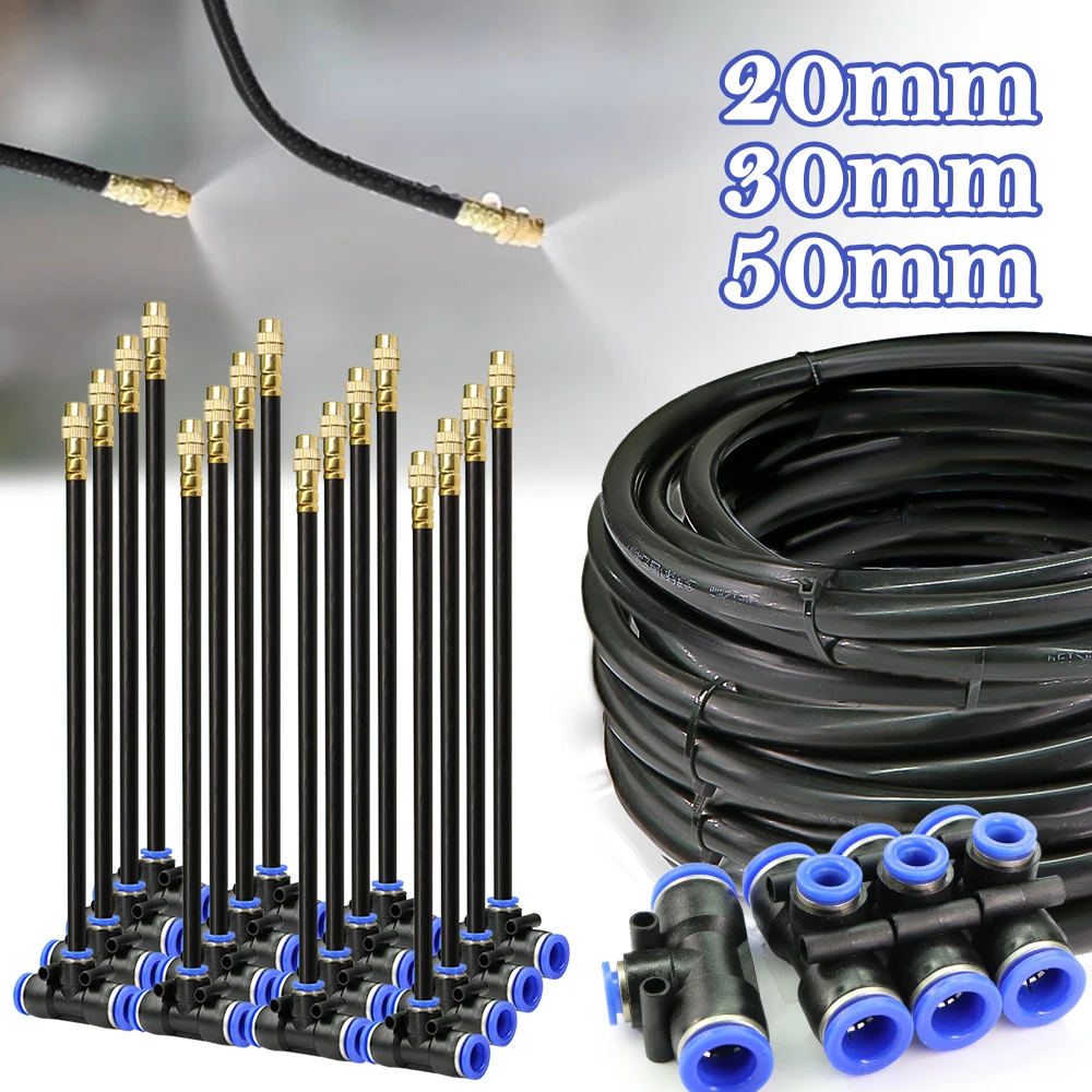 20/30/50cm 8mm 360 ° 티 조인트가있는 프리 벤드 미스트 노즐 정원 냉각 가습을위한 12mm PE 호스 엘보 밸브 슬립 잠금 장치