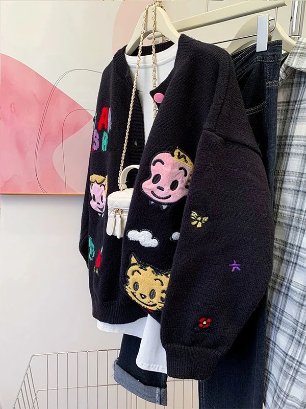 

Bla Cartoon Embroidered Knitted Open Cardigan Women's Autumn Winter Warm Fing Loose Fit Long Sve round Ne Top