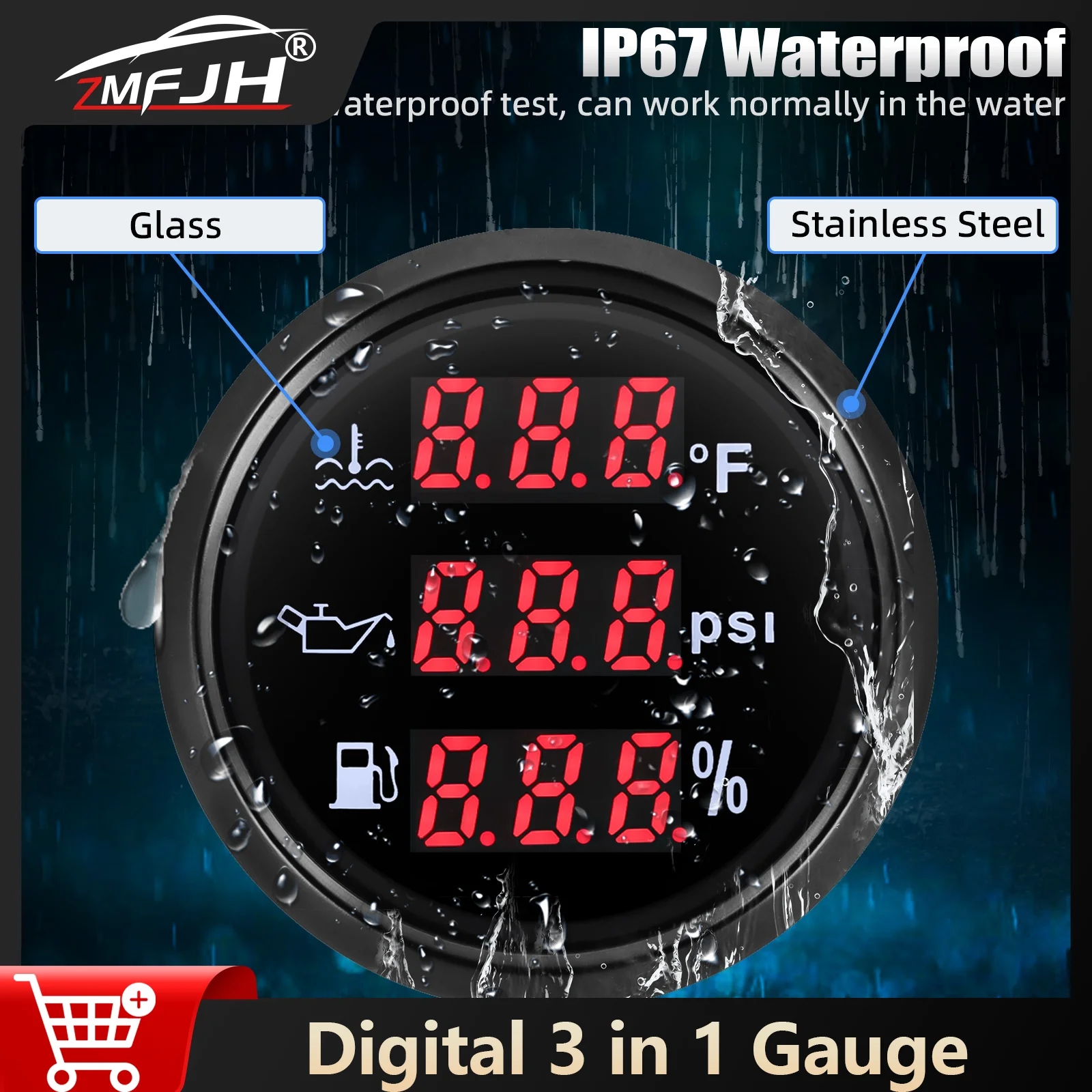 

52mm Water Temp+ Oil Pressure +Fuel Level Gauge 3 In 1 Gauge With Red Light For Marine Car Boat Yacht Temperature Gauge 12V 24V