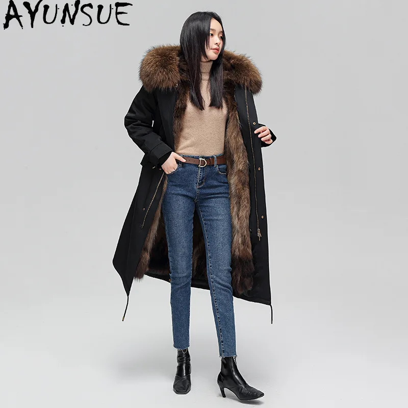 AYUNSUE Cappotto di Pelliccia Reale Delle Donne Vera Pelliccia di Volpe Parka da donna Fodera Staccabile 2025 Abiti Invernali Caldo Collo di Pelliccia di Procione Шуба Ж Dön......