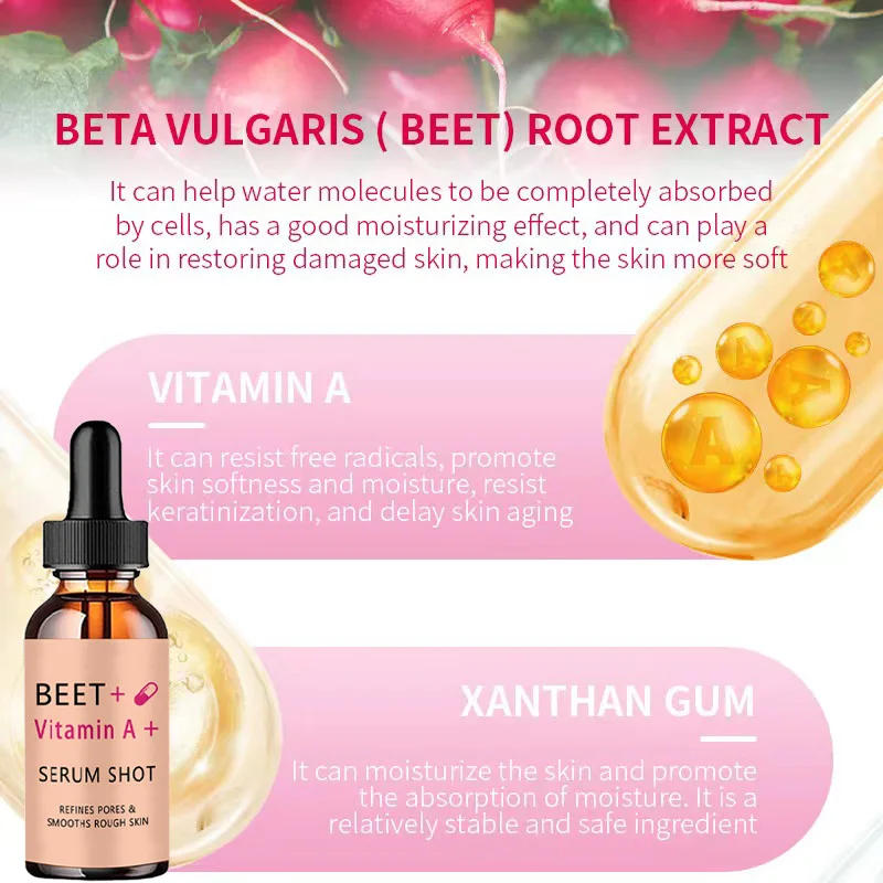 beet vitamin A essence, mild and non irritating, hydrating, nourishing, leaving skin soft and delicate