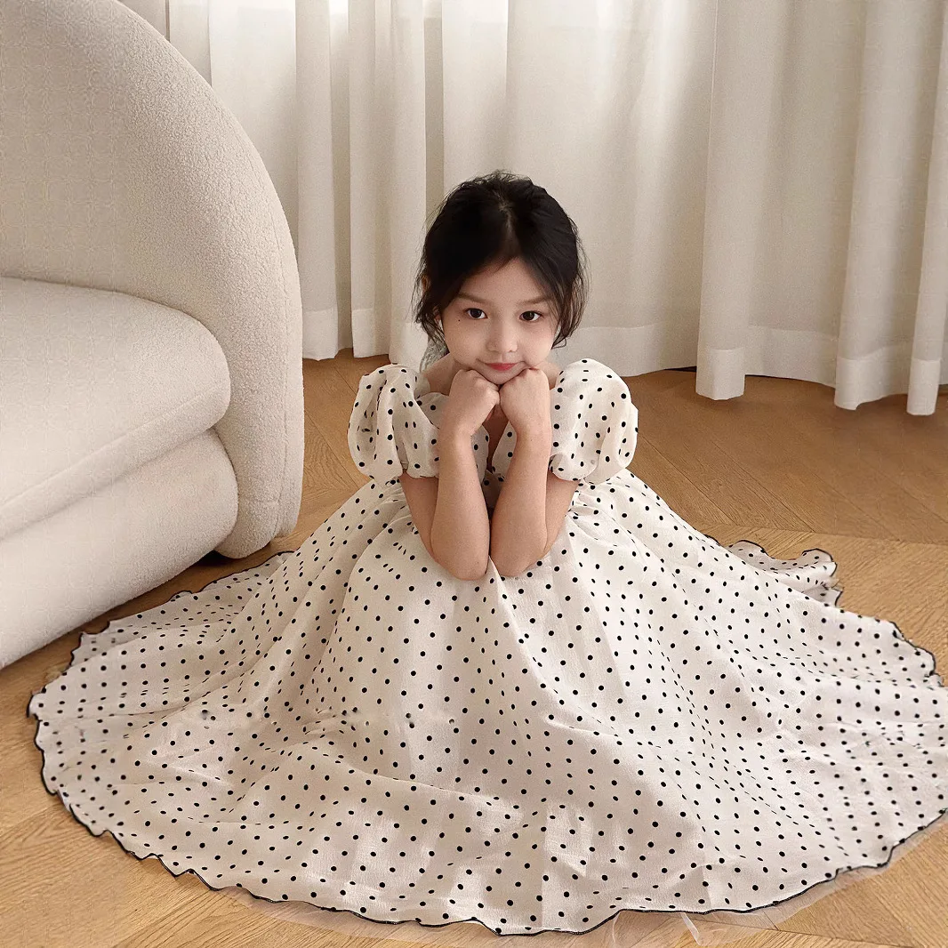 Girls Polka Dot Party Dress Summer Bubble Sleeves Princess Gown Understated Elegance Korean Japanese Style 2-7 Years
