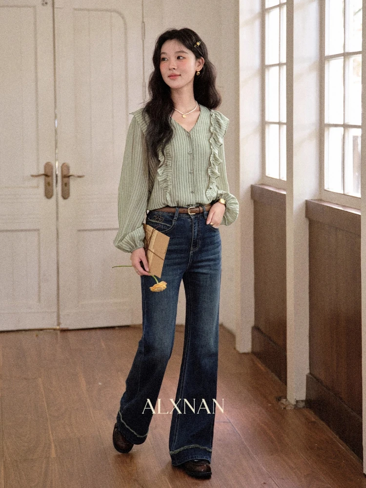 

ALXNAN Women's Striped Long Sleeve Shirt with Ruffle Placket V-Neck Elastic Cuffs Heart Shaped Button Detail for Autumn L569159