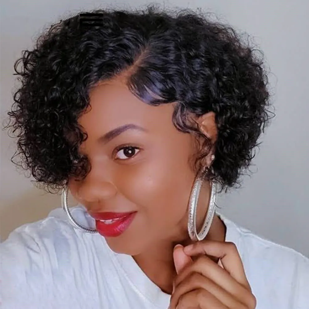 Peluca de cabello humano rizado para mujer, pelo corto Afro con corte Pixie, sin encaje frontal, brasileño Natural