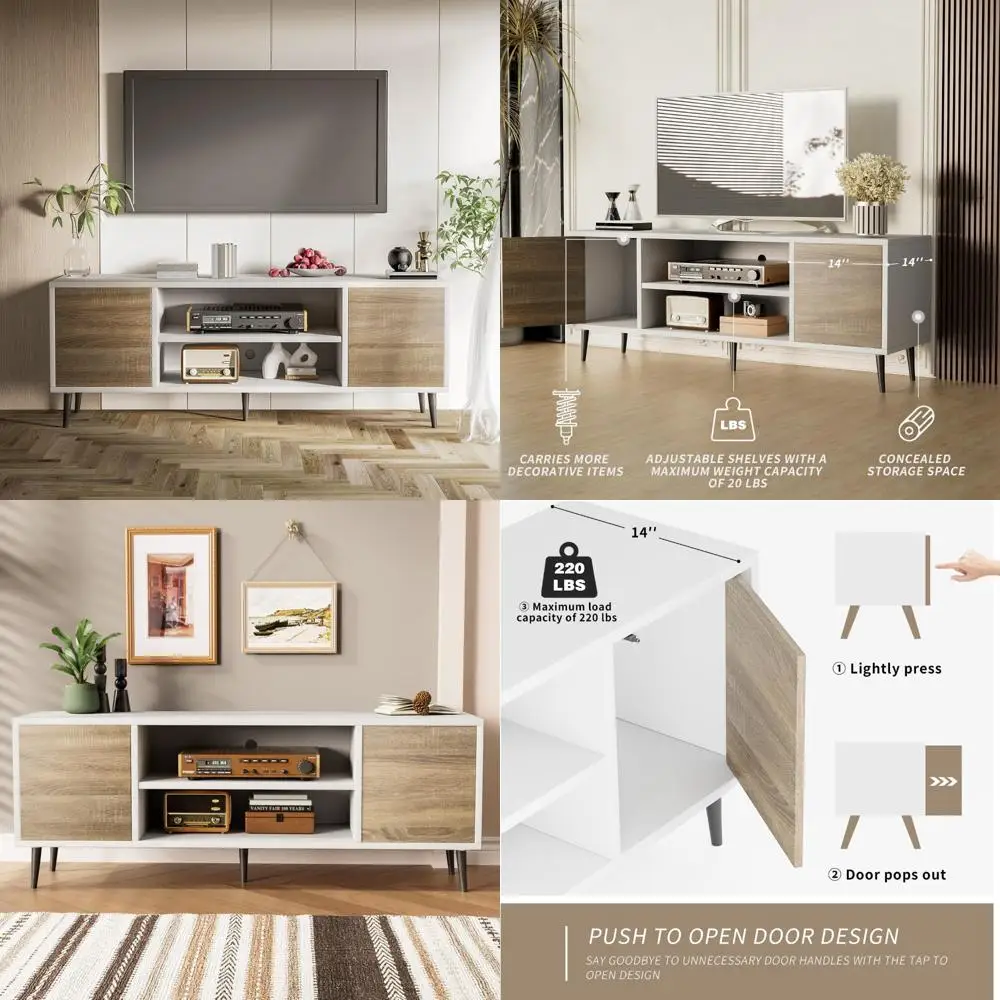 

Современный развлекательный центр середины века для 65-дюймовых телевизоров, шкафа для хранения и подставки для телевизора с открытыми полками и современным дизайном