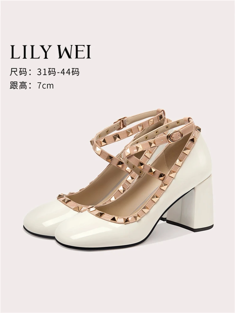 

Spring new round toe shallow rivet Mary Jane shoes thick-heeled high-heeled Lolita banquet large size small size women's shoes