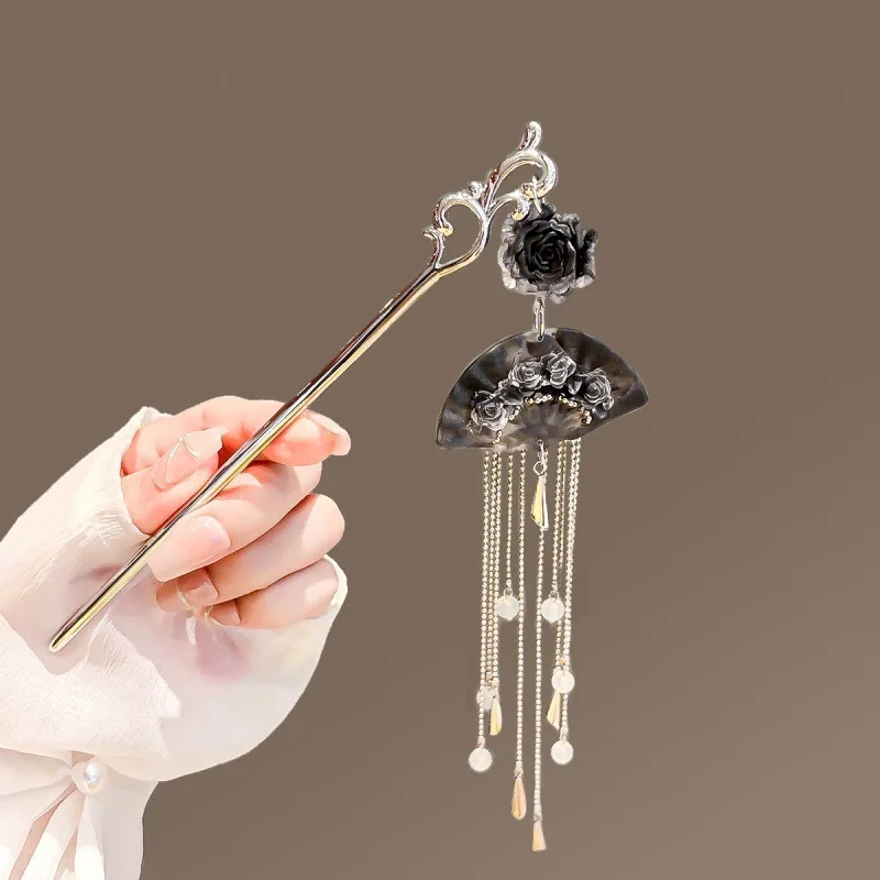2025 Women's Hot Selling New Chinese Ink Gradient Flower Fan Hairpin Hanfu Qipao Hairstyle Tassel Hair Accessories