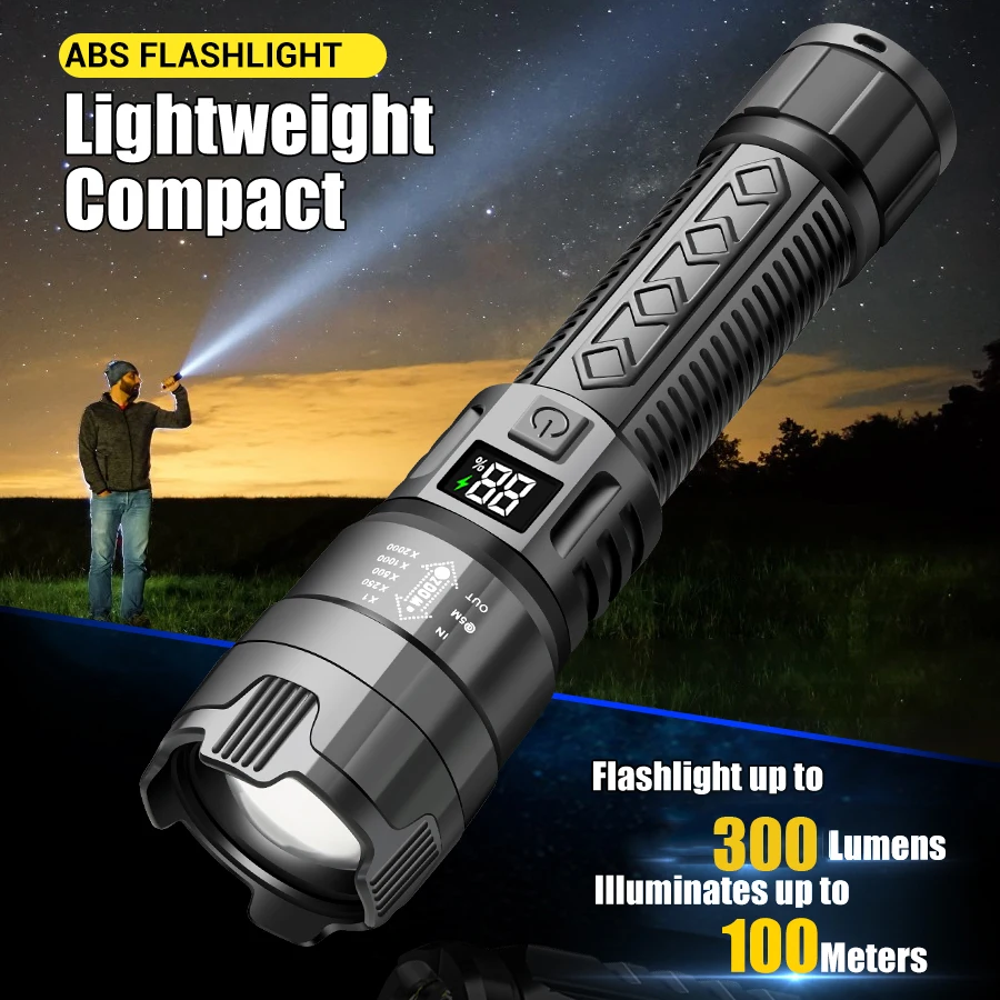 

High Power LED Flashlight 3Models Type-C Rechargeable Zoom Lantern Built in Battery 100Meter Outdoor Fishing Tactical Torch