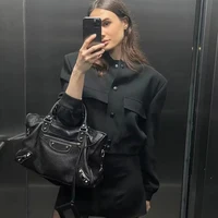 HXAO Woman Bomber Jacket Coat White Autumn Winter Button Baseball Aviator Cropped Jackets for Women Long Sleeve Crop Outerwear - Image 3
