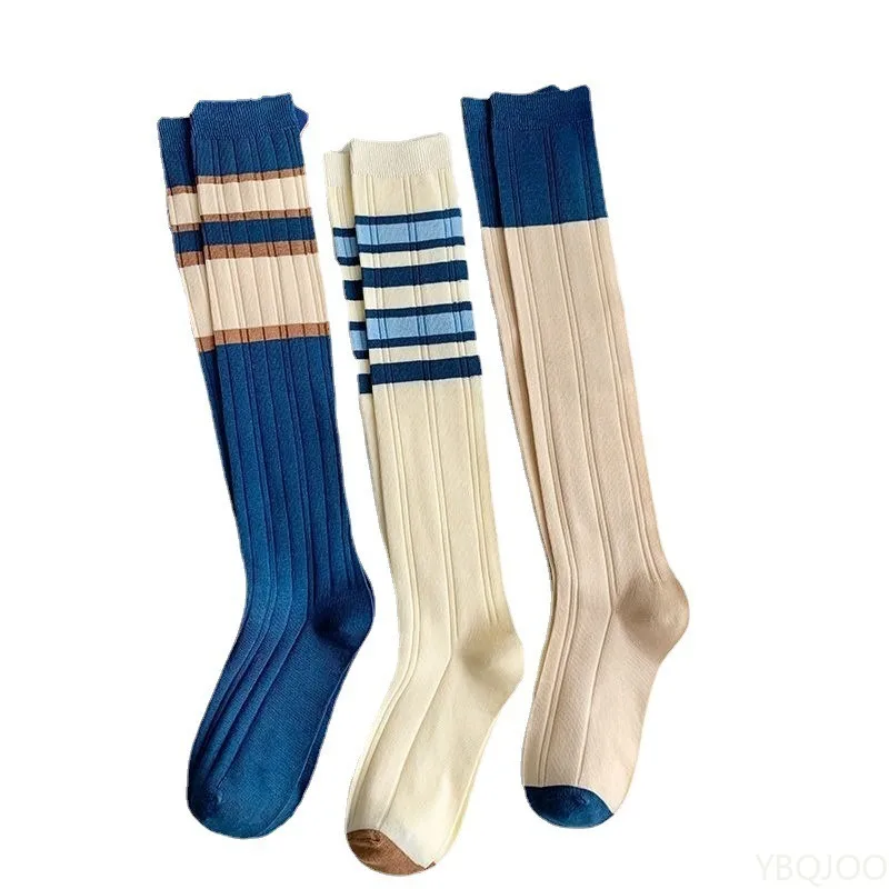 3 أزواج من الجوارب الزرقاء غير الرسمية المريحة للنساء لربيع وخريف، جوارب طويلة عصرية متعددة الاستخدامات حتى الركبة