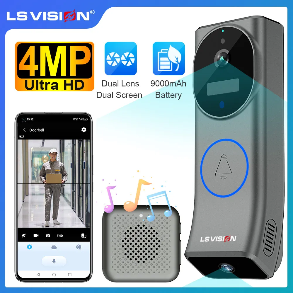 LS VISION 2K Dual Screen Video Doorbell 4MP WiFi Dual Lens PIR Motion Detection Two Way Audio Battery Doorbell Camera with Chime