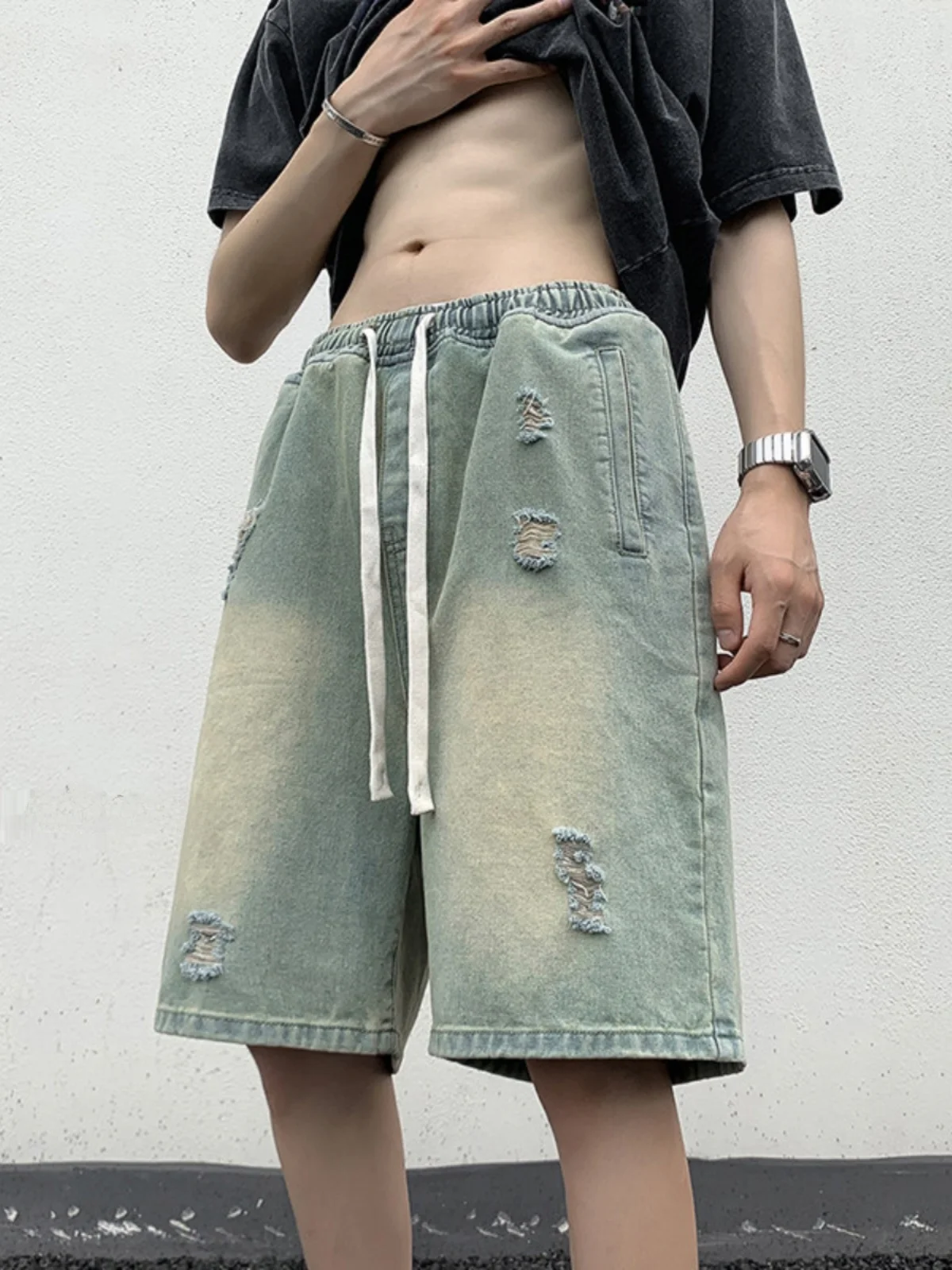 

Yellow Mud Color Ripped Denim Shorts Men's Summer 2024 New American Retro Five-Point Loose Half-Leg Pants Casual Shorts