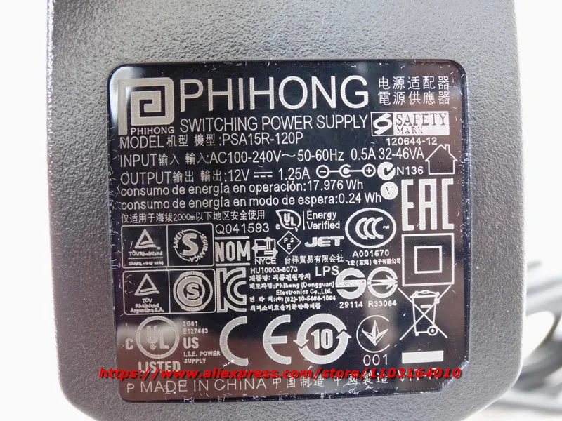 Genuíno Phihong PSA15R-120P 12V 1.25A 15W 5.5*2.1mm Fonte de alimentação de comutação Carregador adaptador AC