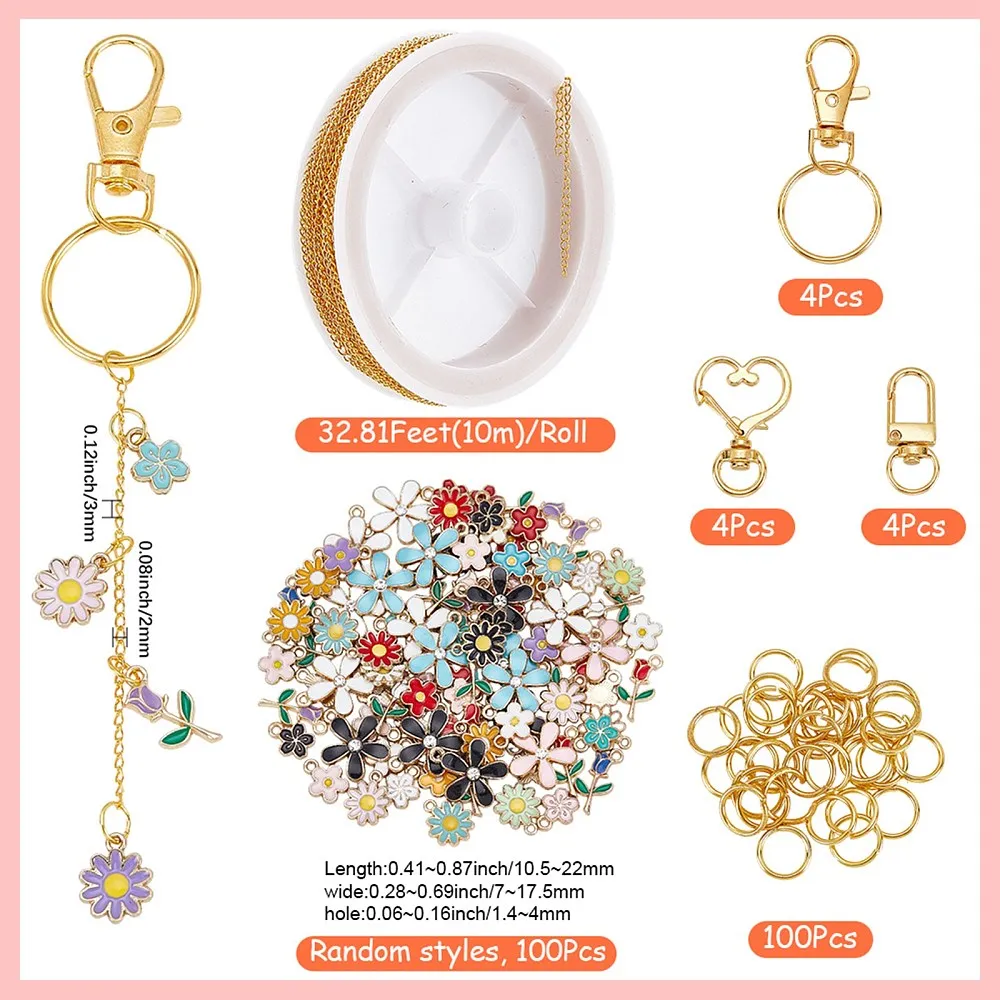 214Pcs Lip Gloss DIY Keychain Making Kits Include 10m Gold Chains Enamel Flower Charms Pendants Open Jump Rings Alloy Keychain