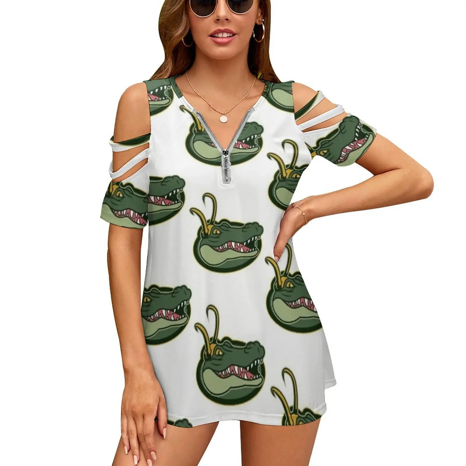 Of Mischief Women's T-Shirt New Fashion Printed Zipper V-Neck Short Sleeve T Shirts Casual Plus Size Alligator Gator Croki