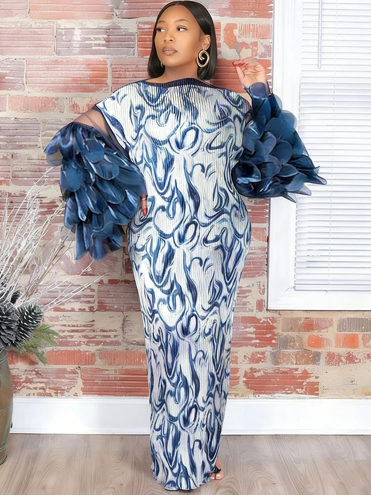 Plus Size Dresses Fashionable Women Abstract Print Long Maxi Dress Elegant Flared Feather Sleeve Flowy Summer Dress
