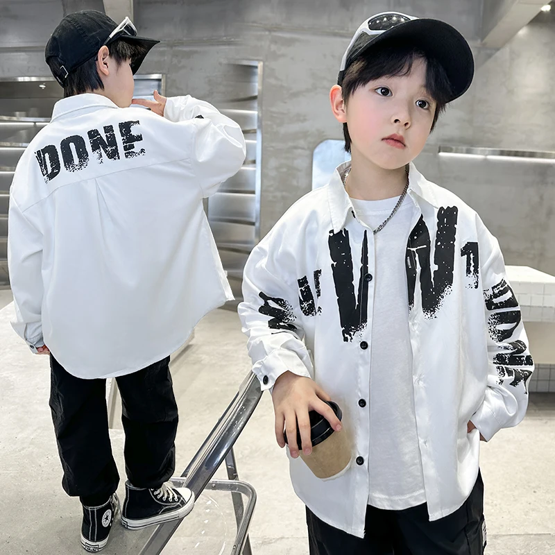 

Fashion Casual Children Long Sleeve White School Shirt with Letter Print for Boys Spring Autumn Blouse Kids Stylish Clothing