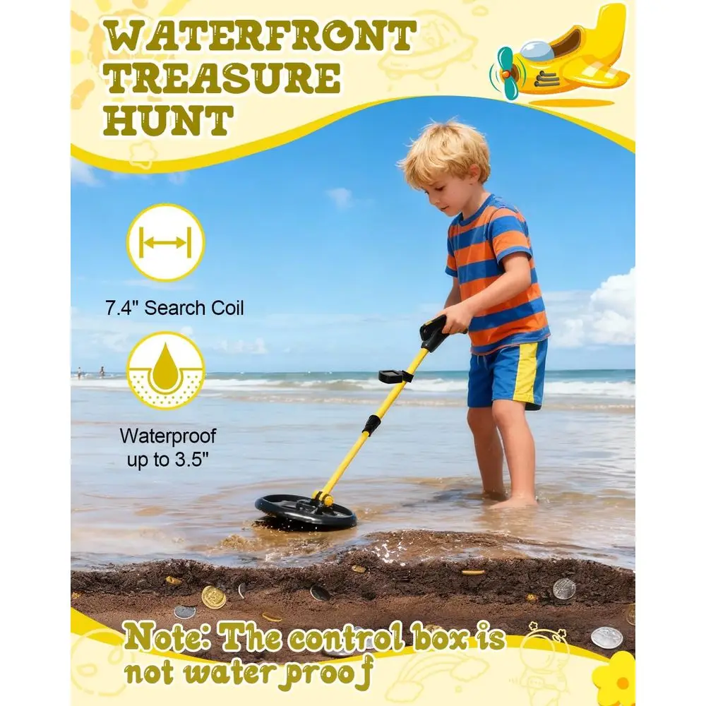 كاشف المعادن للأطفال، ملف بحث 7.4 بوصة مع شاشة LCD، كاشف ذهبي مقاوم للماء، خفيف الوزن 1.1 رطل، قابل للطي من 24 بوصة إلى 35 بوصة