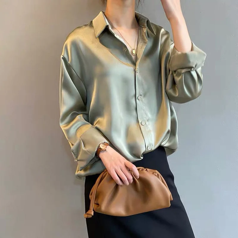 

Autumn Vintage Silk Shirt Women Satin Solid Loose Button Up Blouse Casual Office Lady Overshirt Female Lapel Long Sleeves Top