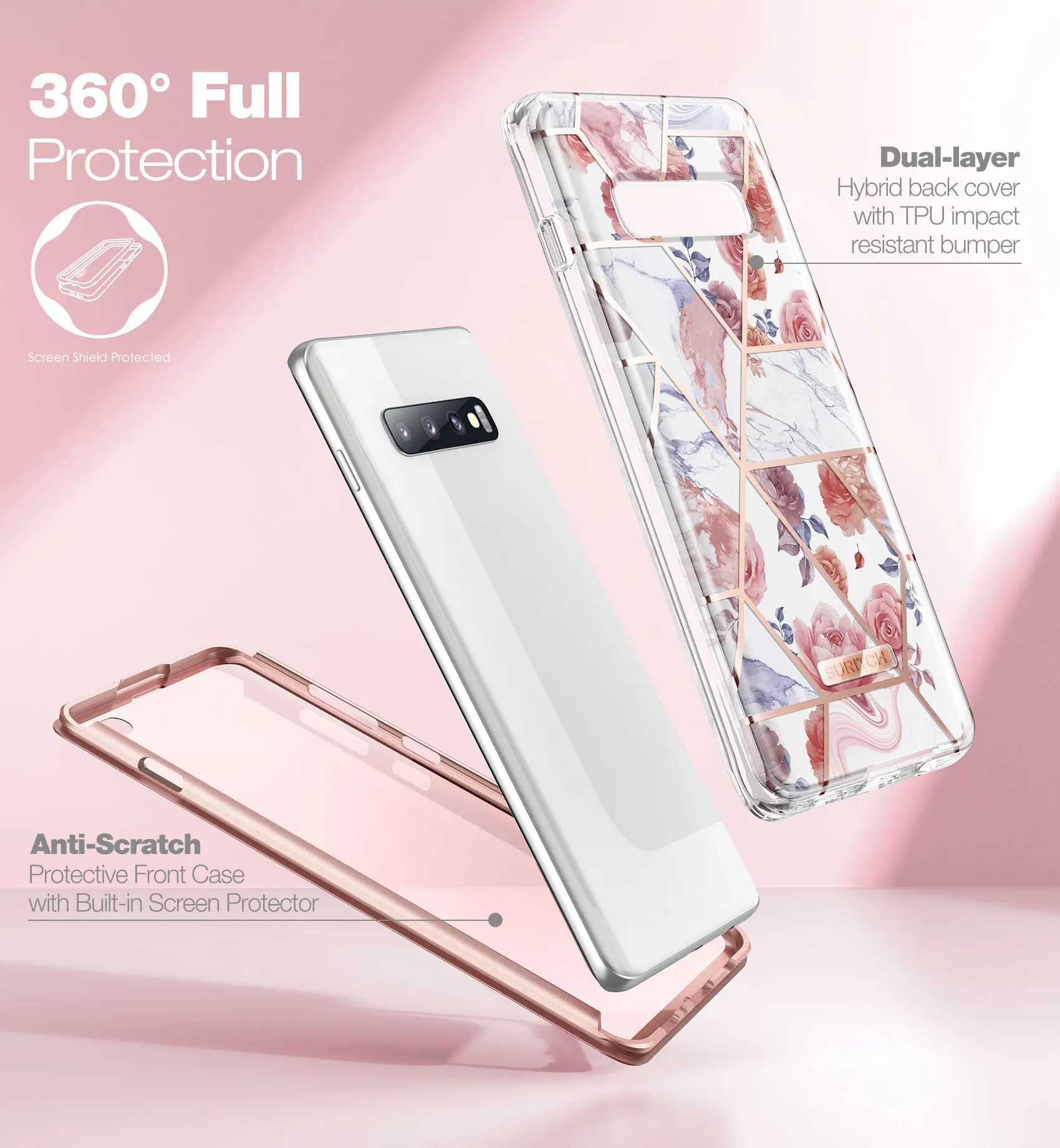 For Samsung Galaxy S10+ Case Slim Stylish Protective Shockproof Natural Marble Rugged Case Cover with Built-in Screen Protector