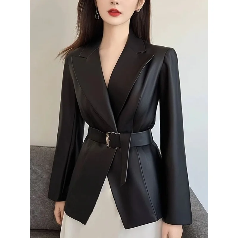 Korean Wear High-end Atmospheric High-grade Top Light Luxury High-end Sense Versatile Black Suit Leather Jacket Women's Autumn