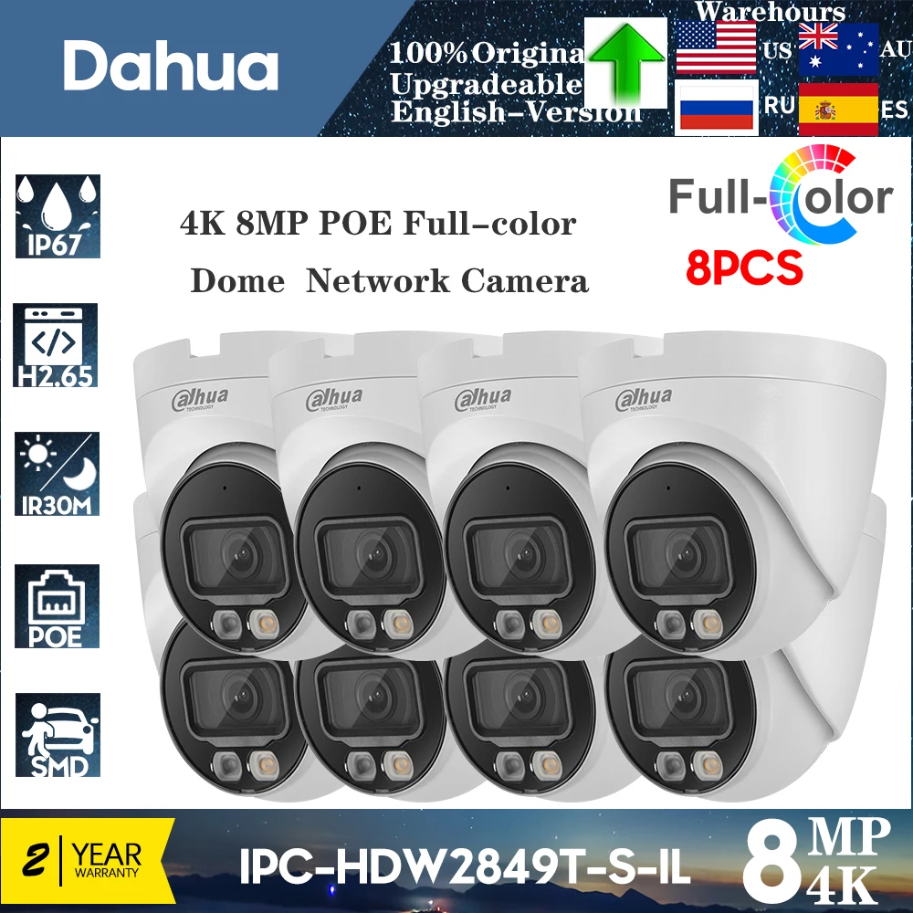 8PCS Dahua IPC-HDW2849T-S-IL 8MP Full-color IP Surveillance Camera Built-in Mic SD Card Slot Network Dome IR 30m Dual Light POE