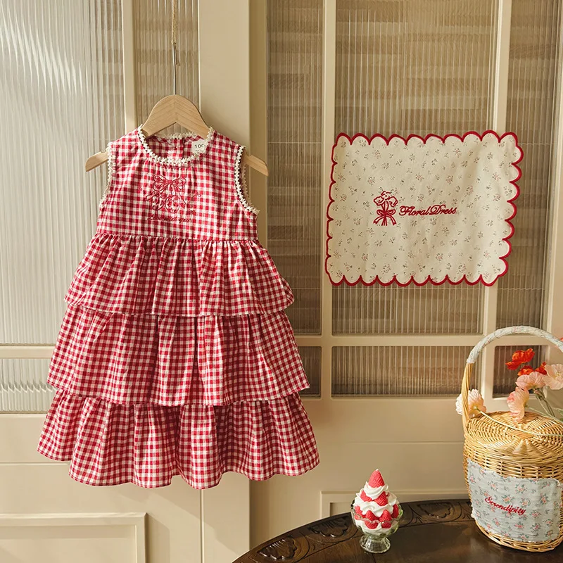 Summer 2026 Cartoon Strawberry Embroidery Girls Dress with Ruffle Hem Cake Skirt Design Sleeveless Plaid Vest Dress for Kids