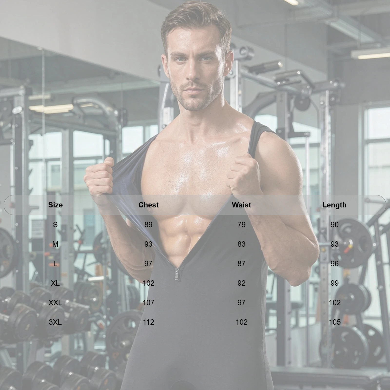 Herren Sauna-Kurzanzug, ärmelloser Jumpsuit für Workout, Sport, Fitness, Radfahren, Jogging, mit Reißverschluss vorne, oberschenkellang. – Detail 1